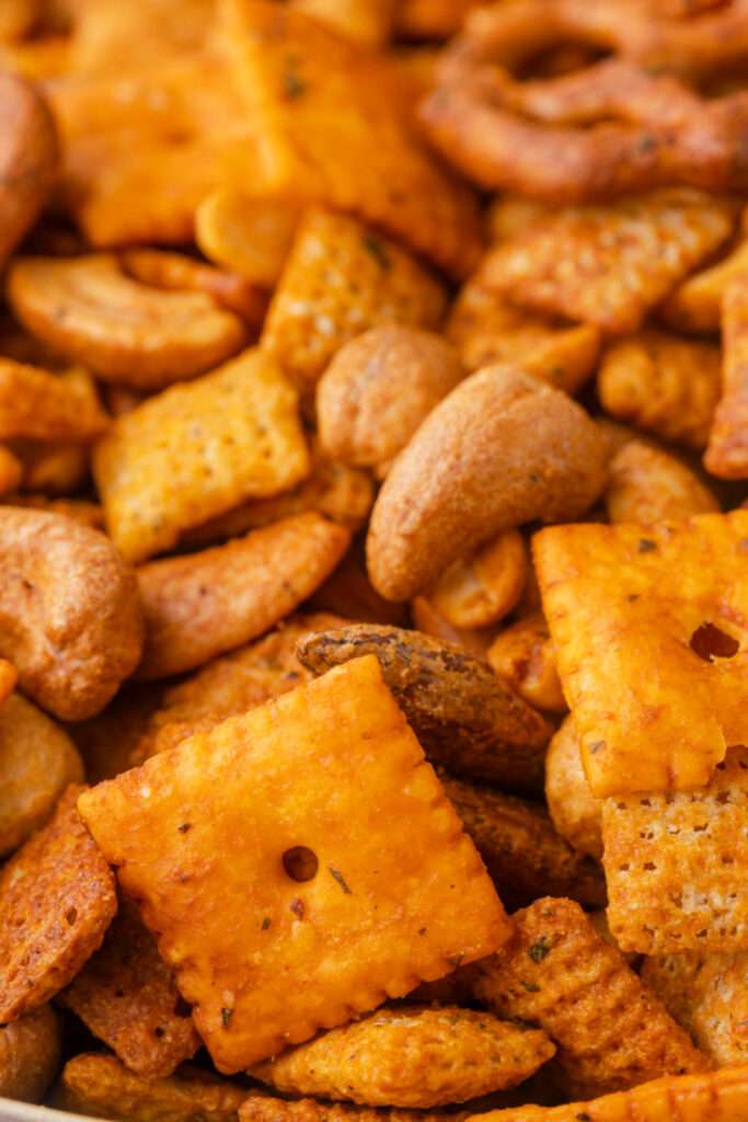 close up of chex mix