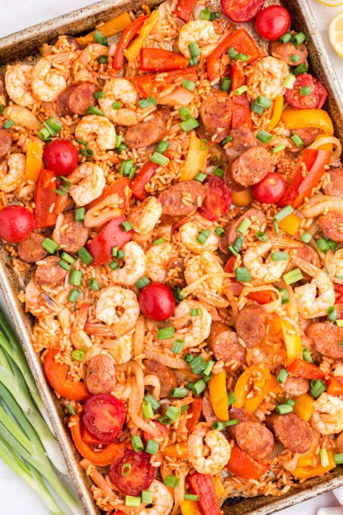 Cooked sheet pan jambalaya