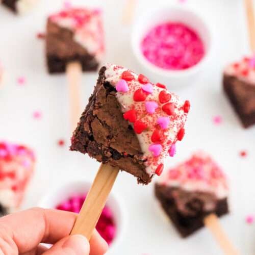 hand holding a Valentine's Day Brownie Pop