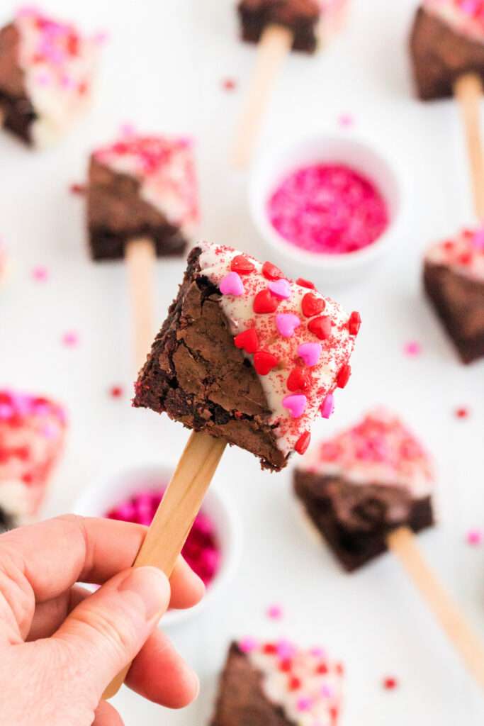 hand holding a Valentine's Day Brownie Pop