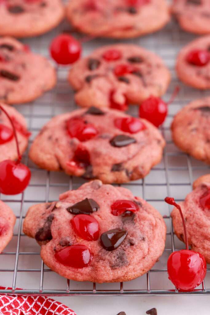 Cherry Garcia Cookies on a cooling sheet