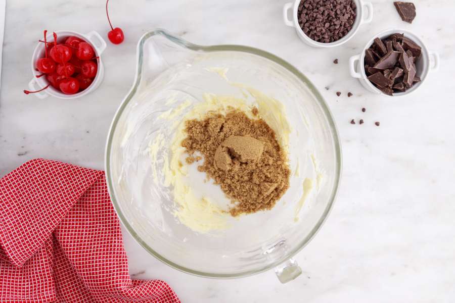 butter, granulated sugar, and brown sugar in a bowl