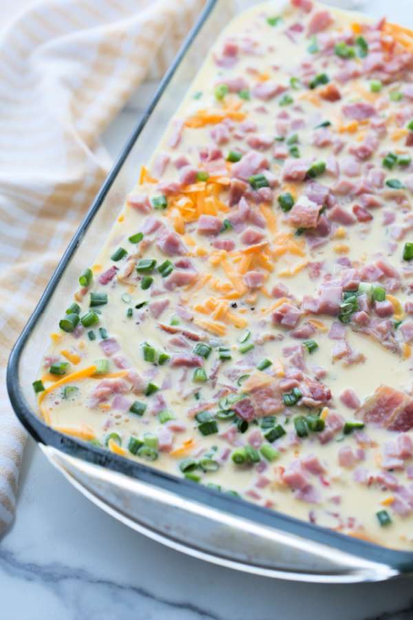 egg mixture added to casserole dish