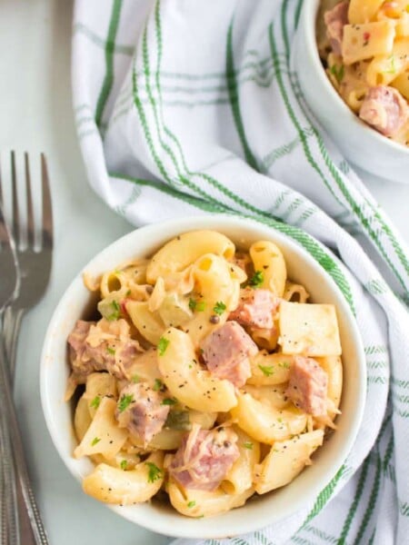 Reuben pasta salad in a small bowl