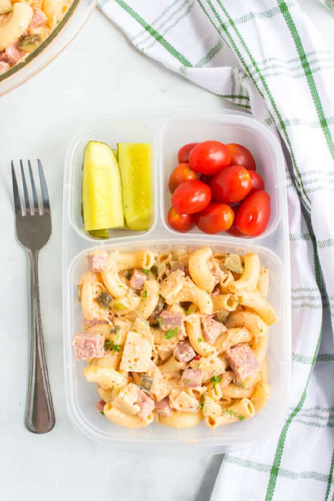 Reuben pasta salad packed in a lunchbox