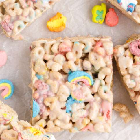 Lucky Charms Marshmallow Treats cut into squares