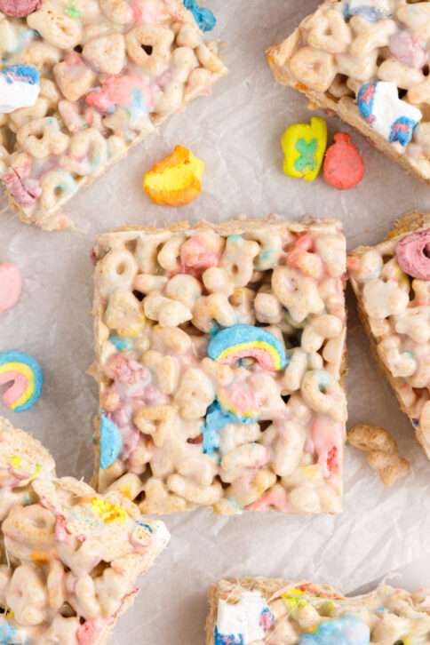 Lucky Charms Marshmallow Treats cut into squares