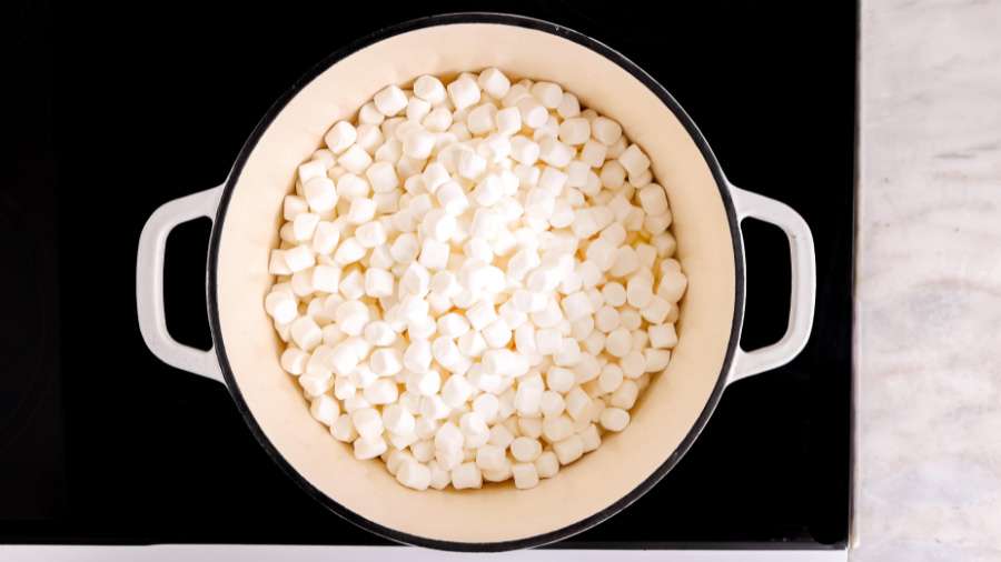 mini marshmallows added to pan