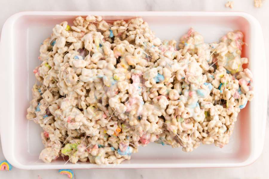 rice krispie mixture placed in baking dish