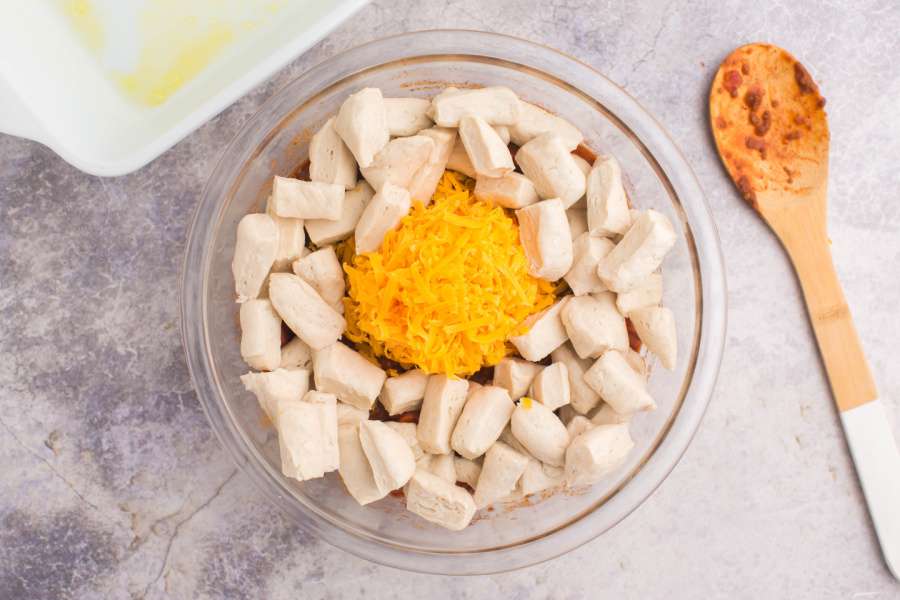 biscuits cut and added to bowl