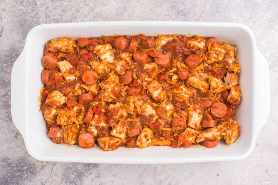 chili cheese dog casserole in baking dish