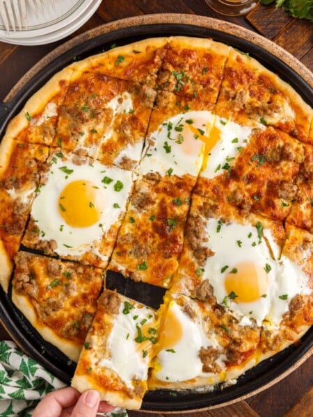 breakfast pizza cut into slices