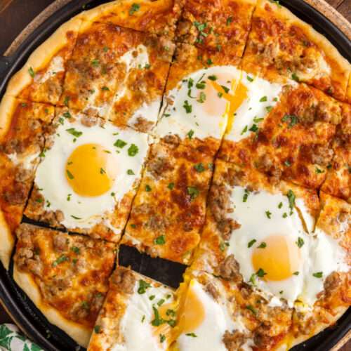 breakfast pizza cut into slices