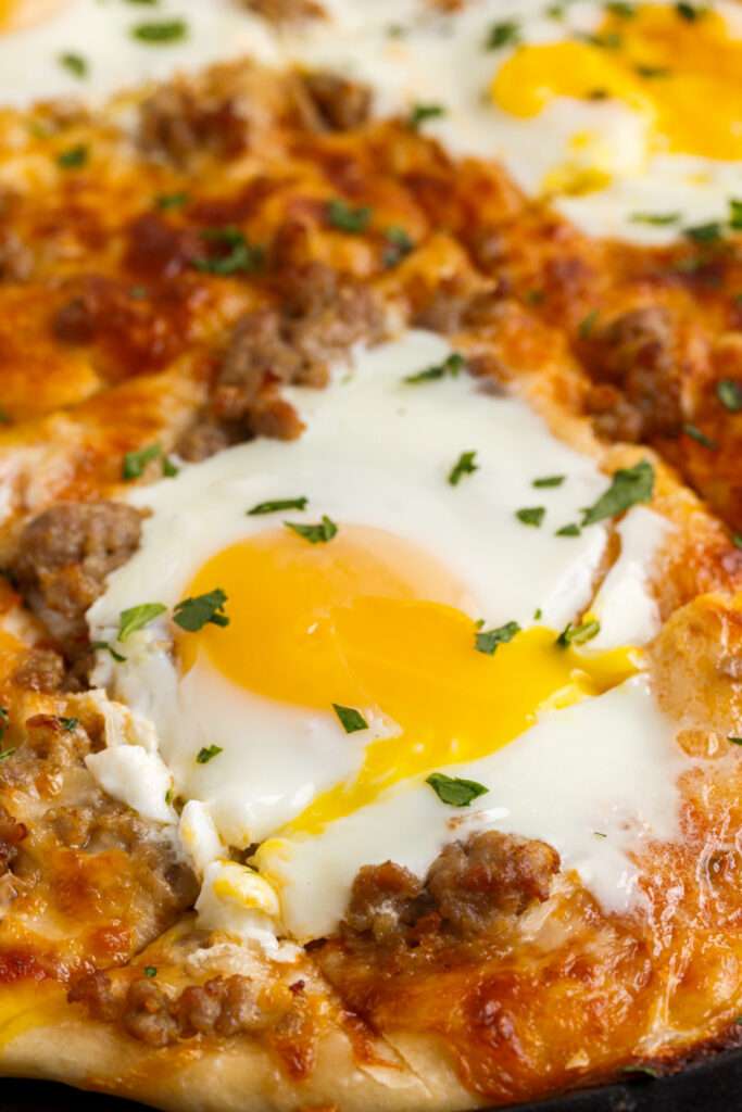 close up picture of breakfast pizza