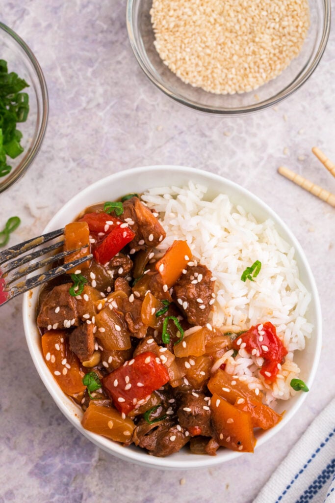 Crockpot Sweet and Sour served over rice