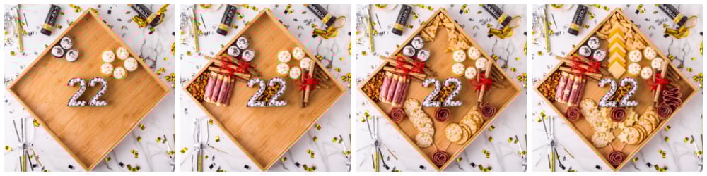 showing steps of filling Graduation Charcuterie Board
