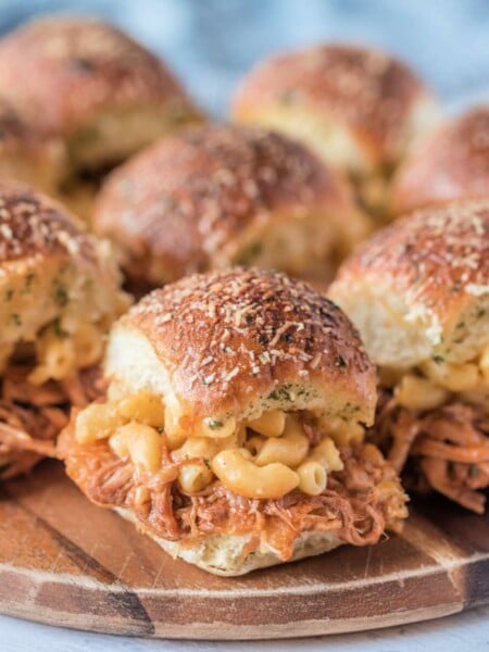 Pulled Pork Mac and Cheese Sliders on a platter