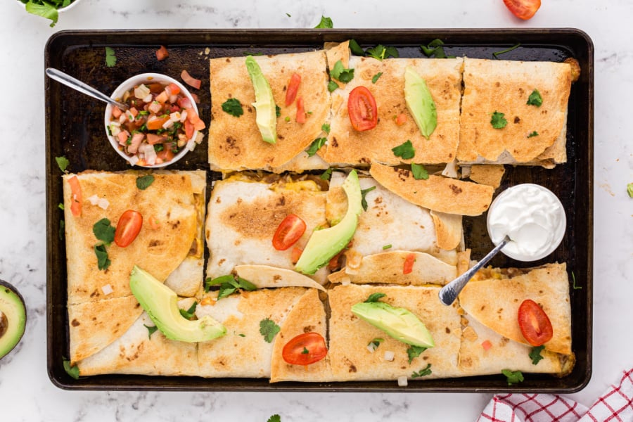 quesadillas cut up on baking sheet