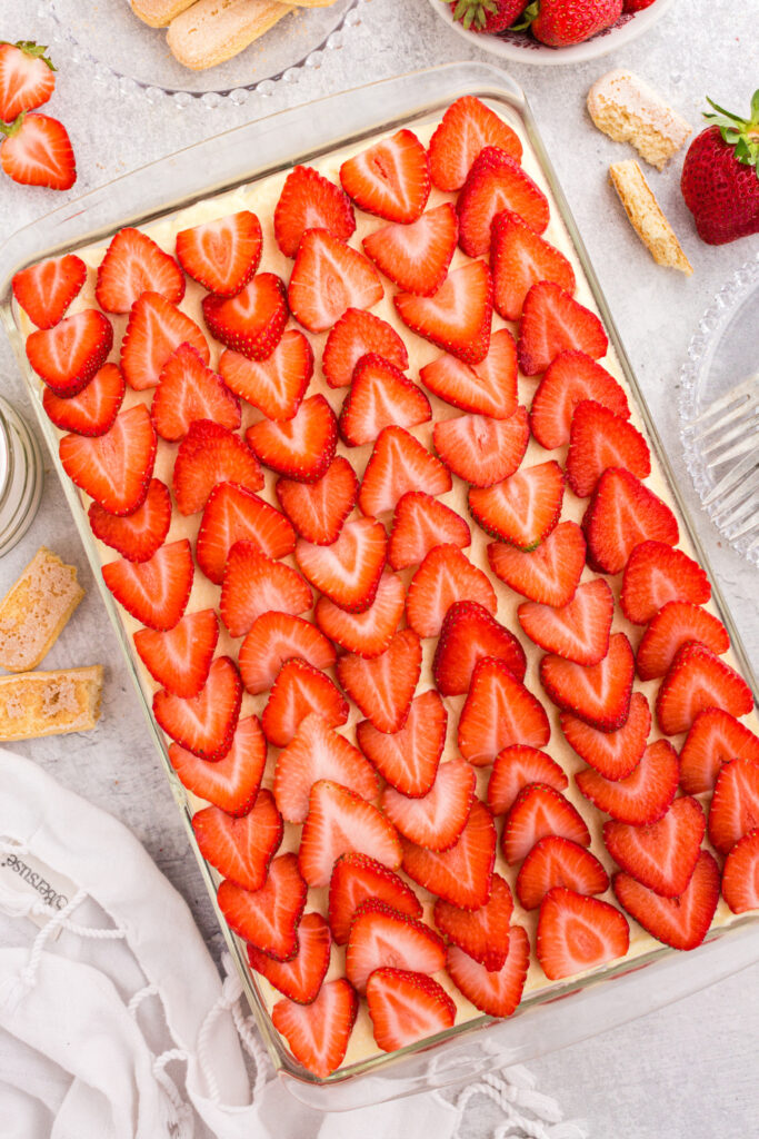 top down image of Strawberry Tiramisu in baking dish