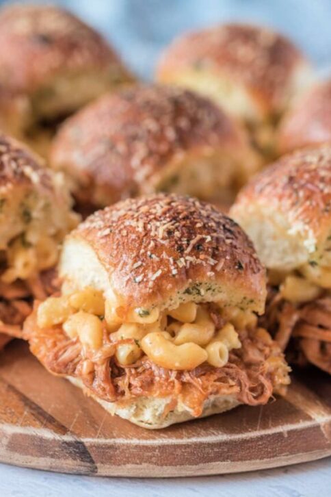 Pulled Pork Mac and Cheese Sliders on a platter