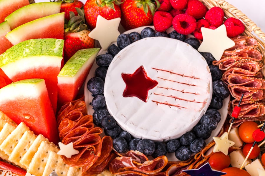 close up of brie cheese wheel on 4th of July Meat and Cheese Charcuterie Tray