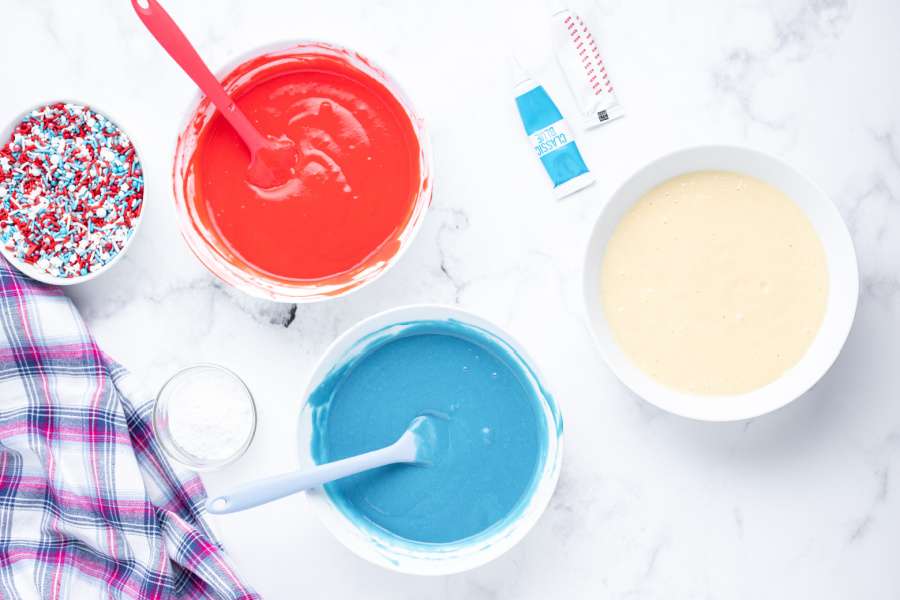 cake batter in three bowls