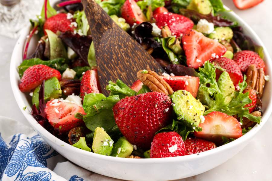 Strawberry Avocado Salad in white bowl