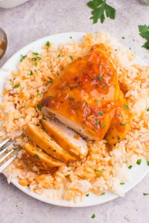 Baked Apricot Chicken on a bed of rice