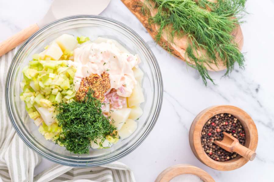 ingredients for dill potato salad in mixing bowl