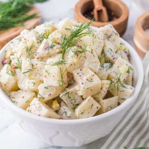 dill potato salad in a bowl