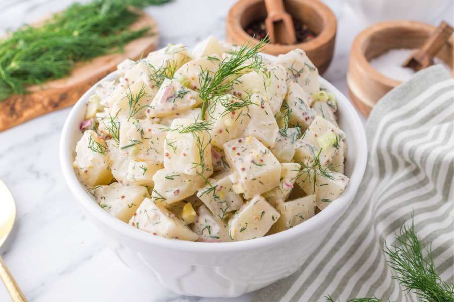 dill potato salad in a bowl