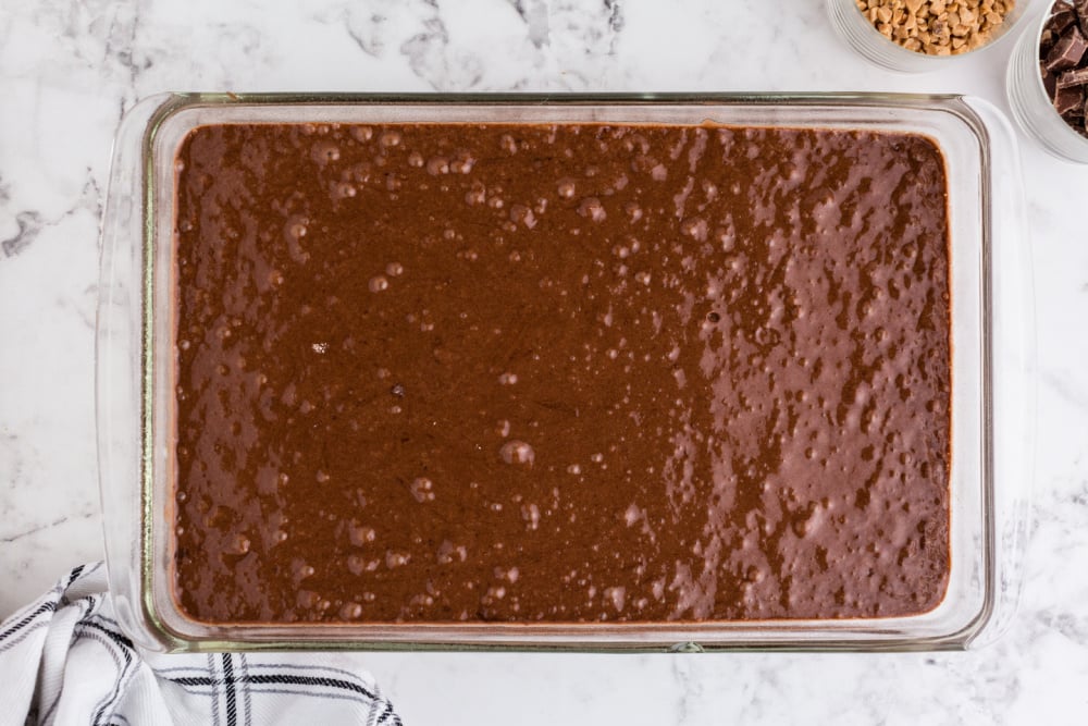 cake batter in glass baking dish