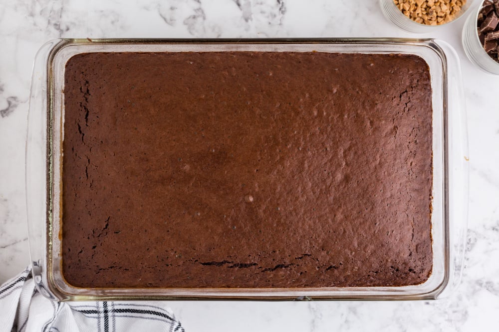 cooked cake in baking dish