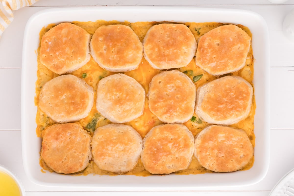 cooked Chicken Pot Pie Casserole in baking pan