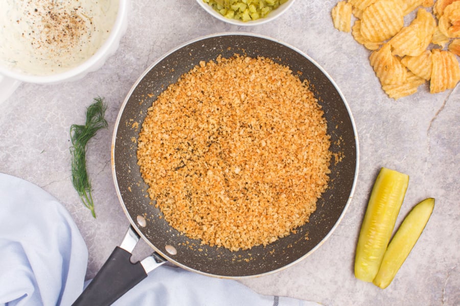 browned panko crumbs in pan