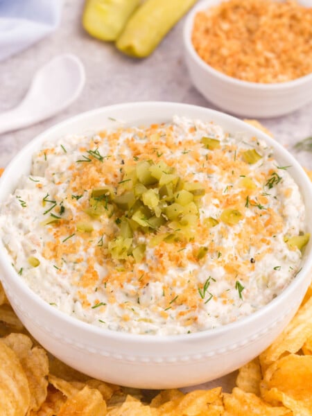 Fried dill picke dip in a bowl