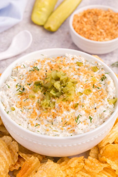 Fried dill picke dip in a bowl