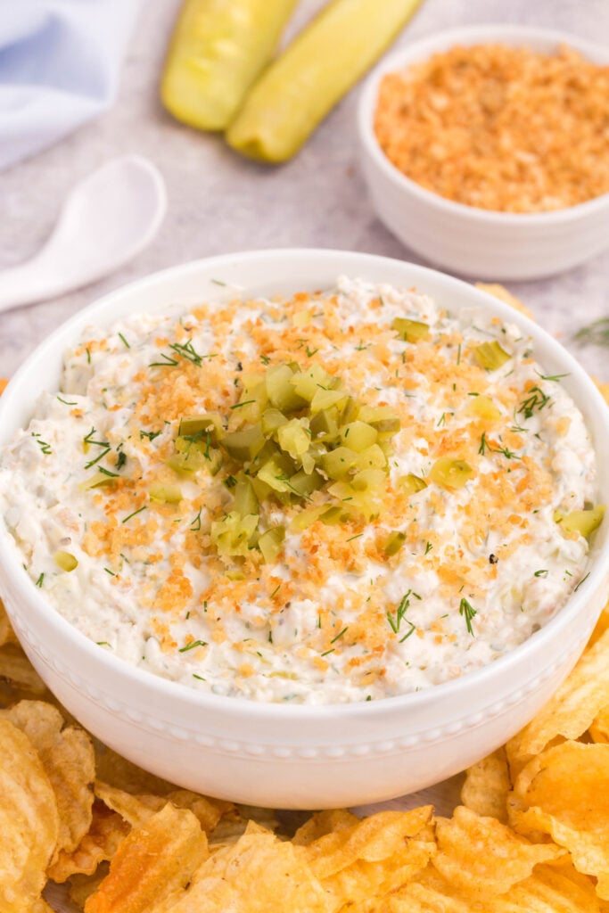 Fried dill picke dip in a bowl