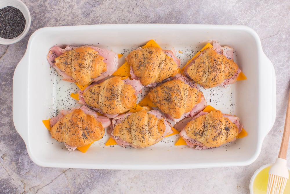 Baked Ham and Cheese Croissants in baking dish