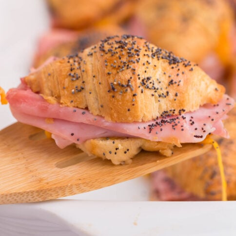 One Baked Ham and Cheese Croissants on a serving spatula