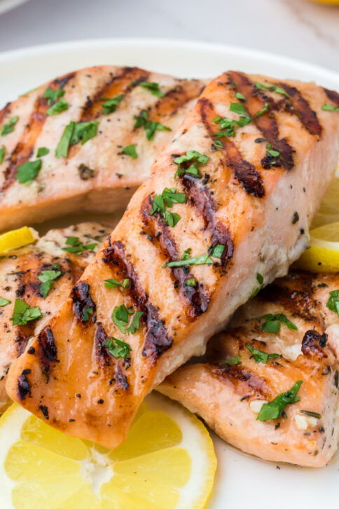 Marinated Grilled Salmon fillets on plate