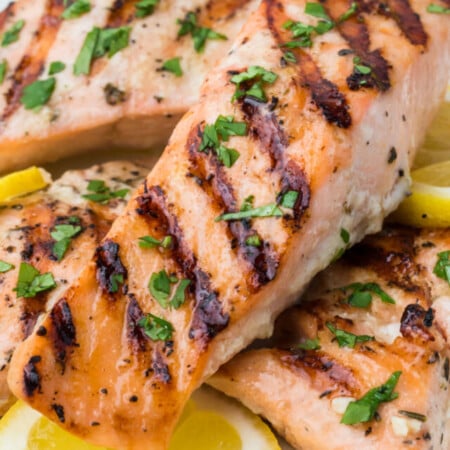 Marinated Grilled Salmon fillets on plate