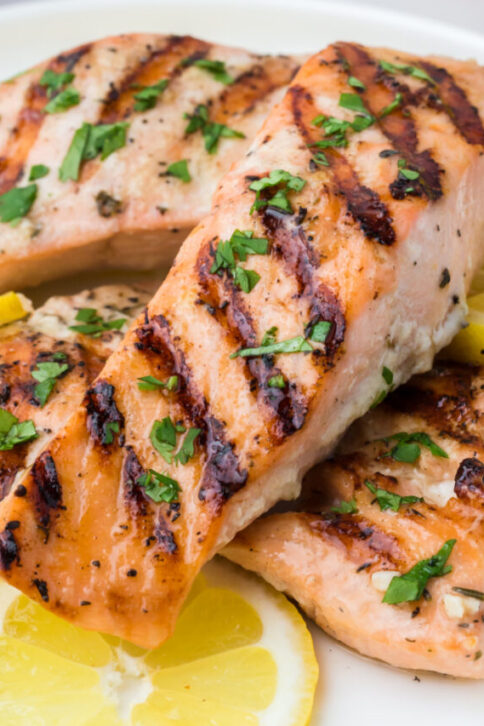 Marinated Grilled Salmon fillets on plate