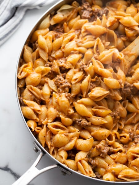Cheesy Beef and Shells Casserole in pan