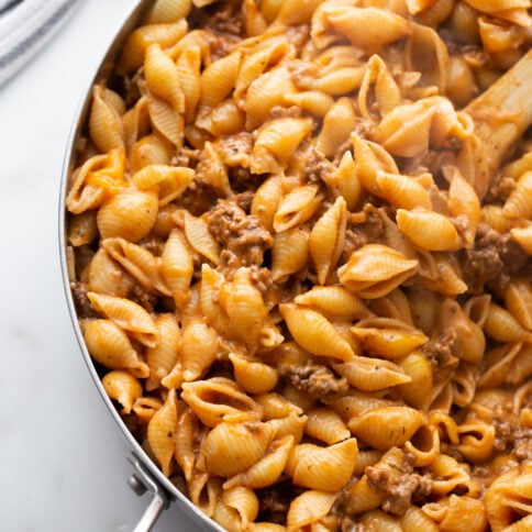 Cheesy Beef and Shells Casserole in pan
