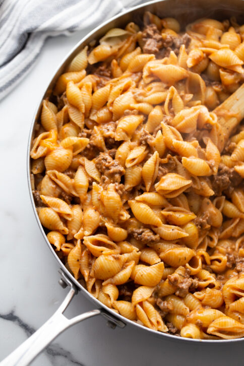 Cheesy Beef and Shells Casserole in pan