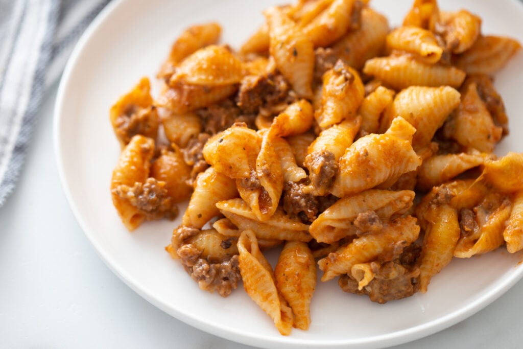 Cheesy Beef and Shells Casserole on a plate