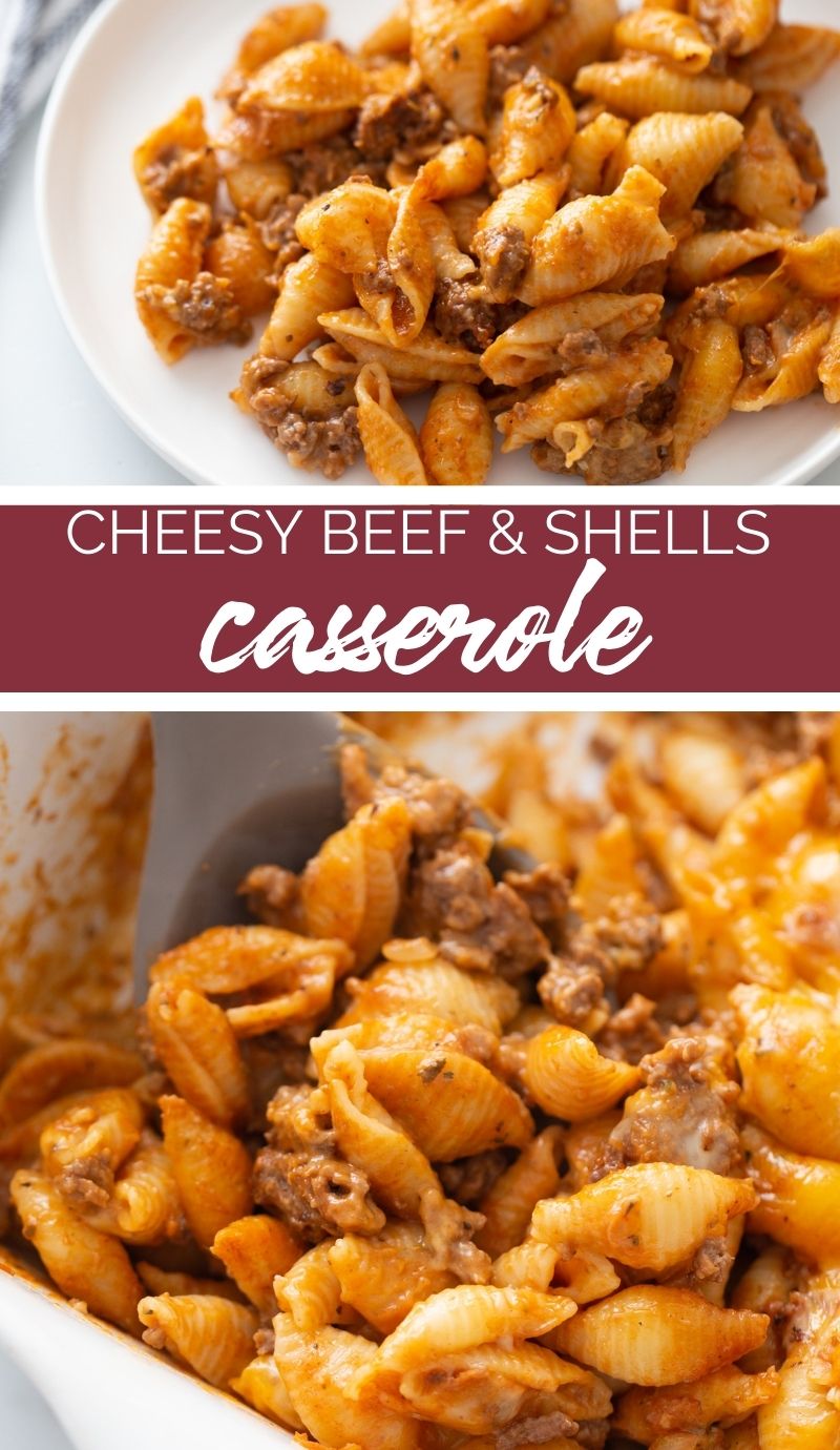 This Cheesy Beef and Shells Casserole turns a package of ground beef into a hearty dish bursting with flavor the family will love. via @familyfresh
