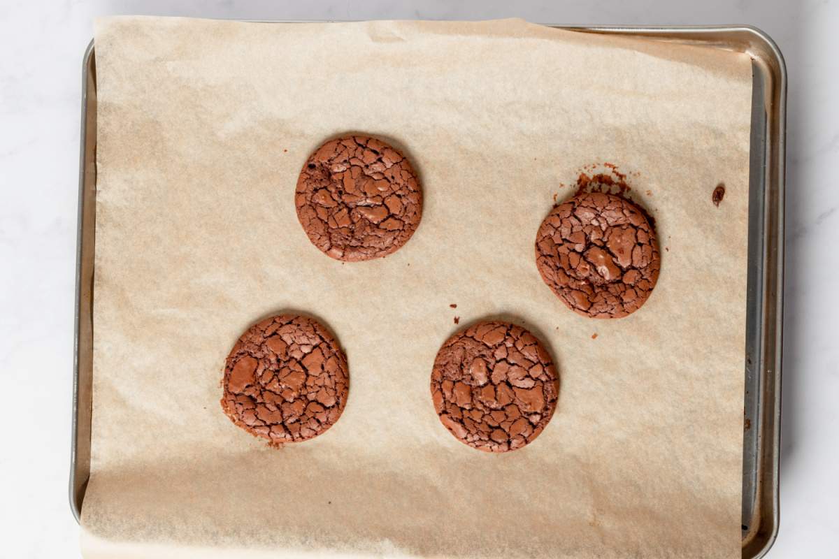 cooked brownie cookies on baking sheet
