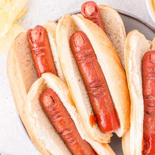 Halloween Witch Hot Dog Fingers on a plate